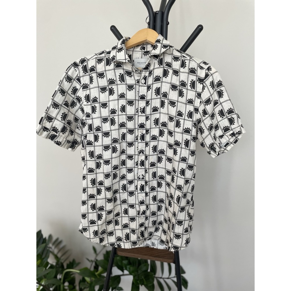 Mr Mood Button Shirt 100% Linen Men Size M‎ Small Made in Portugal Ivory Black